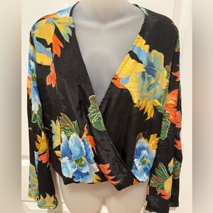 NWT Cienna Vibrant Floral Wrap Blouse - Black with Multicolor Design